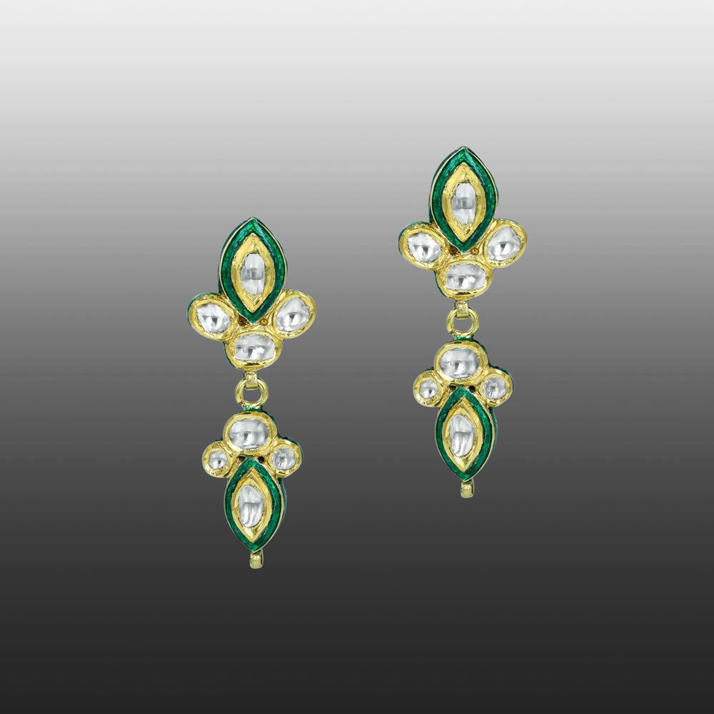 Polki Earrings with Intricate Green Enamel
